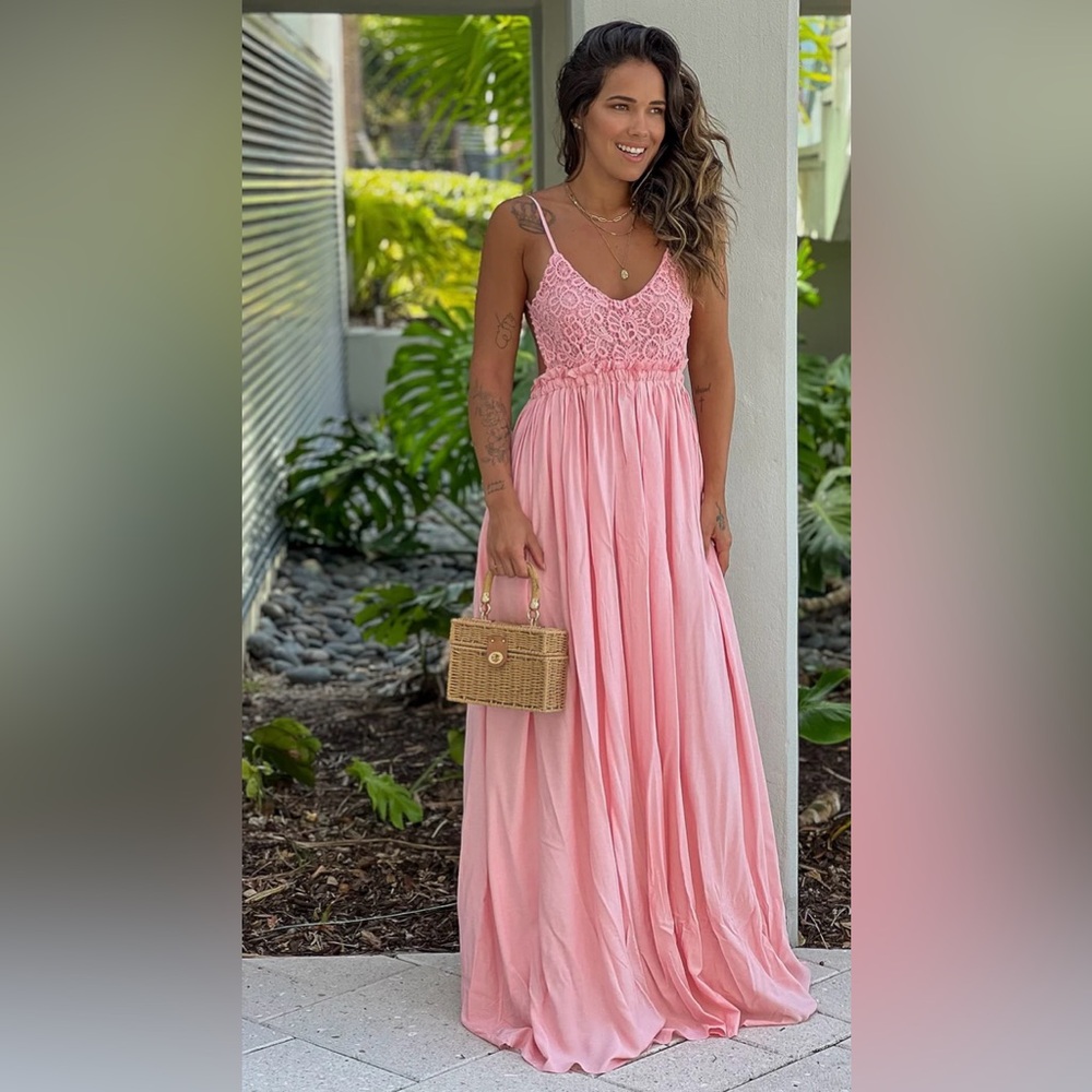 Pink crochet top maxi dress with open back and frayed hem